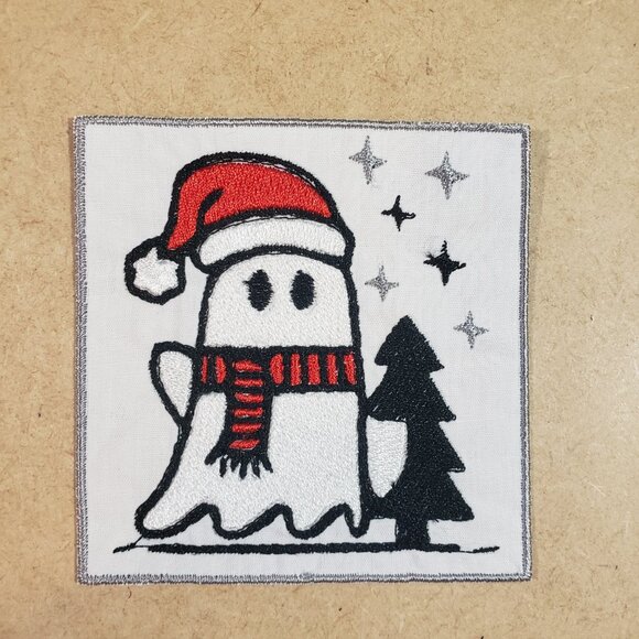 Ghost with a Christmas Tree Iron-On Patch (2/$12 or 5/$22) - Picture 1 of 2
